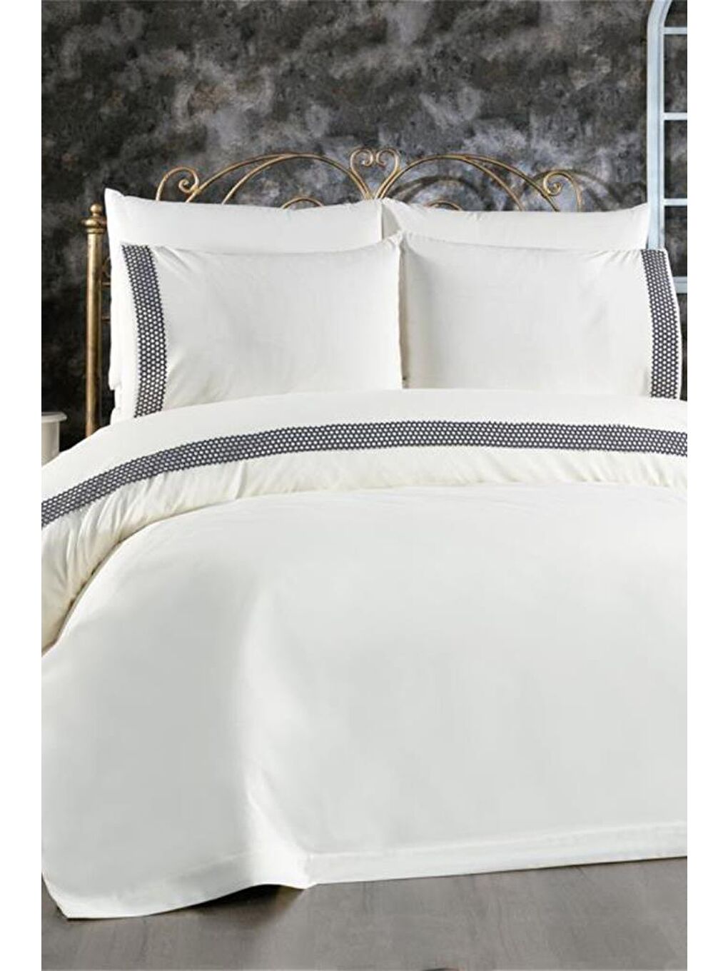 Karışık Tomira Dantelli 6 Parça Çift Kişilik Nevresim Takımı Krem Antrasit