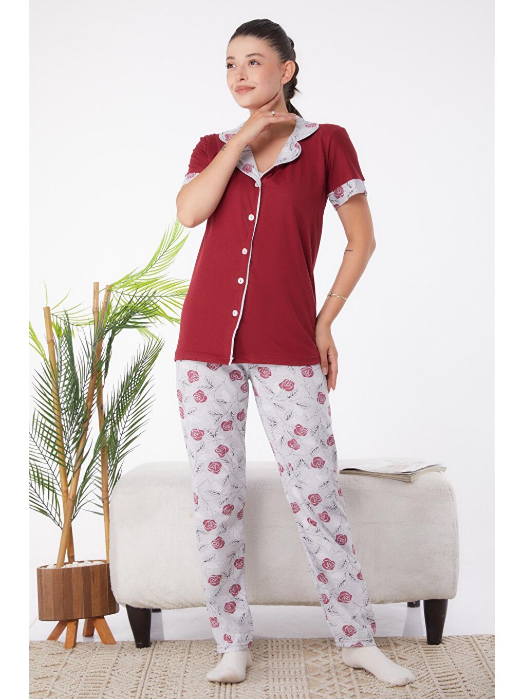 TOFİSA Bordo Düz Gömlek Yaka Kadın Bordo Desenli Pijama Takımı - 25968 - 2