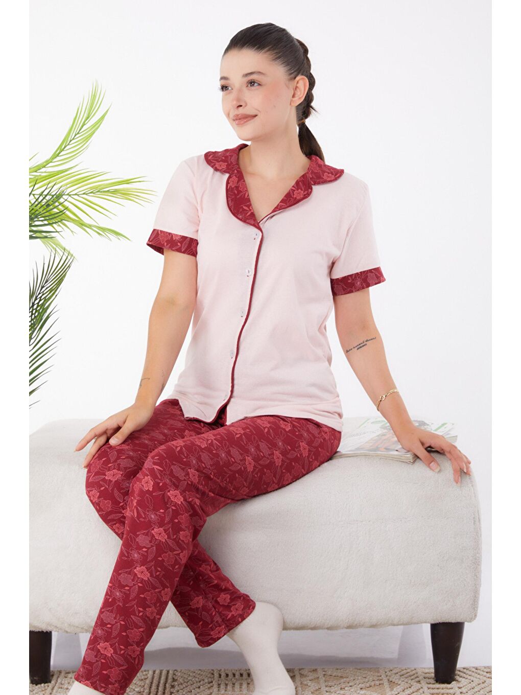 TOFİSA Pembe Düz Gömlek Yaka Kadın Pembe Desenli Pijama Takımı - 25967 - 2