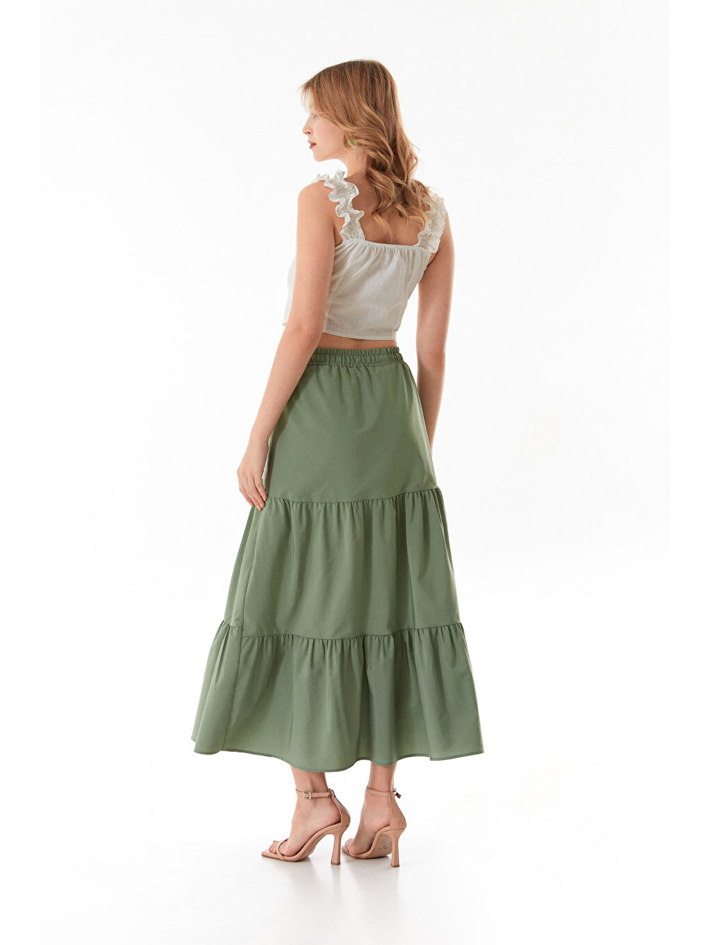 Haki Terikoton Kumaş Fırfırlı Etek-1