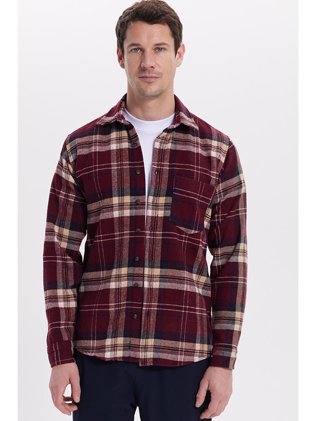Bordo Erkek Regular Fit Rahat Kesim Kışlık Kareli Oduncu Gömlek