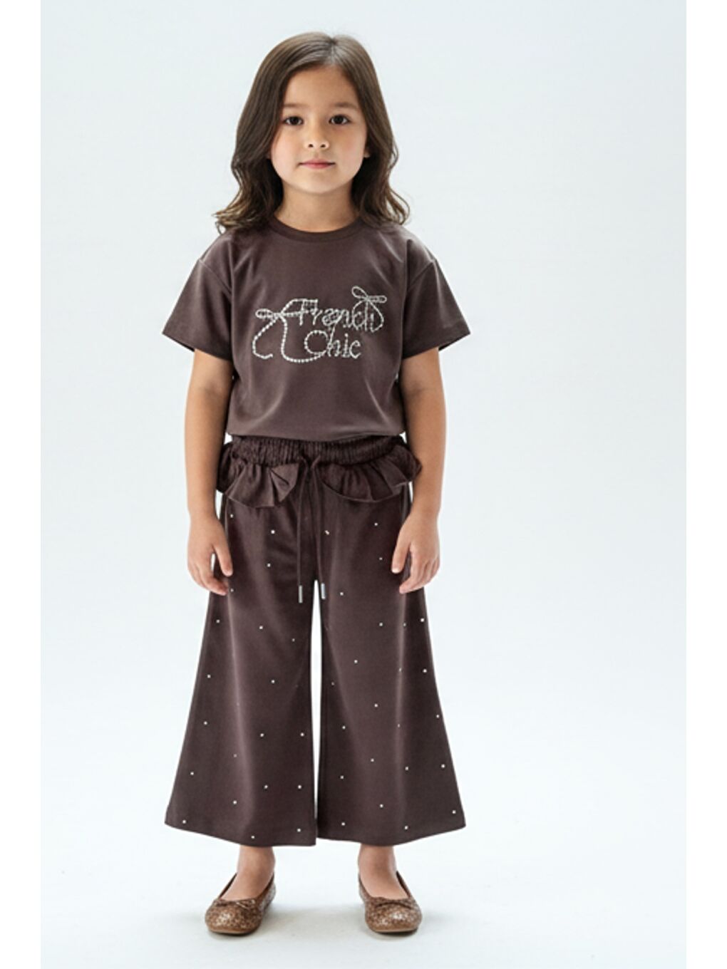 Kahverengi Kız Çocuk 2'li Takım Taş İşlemi Bisiklet Yaka Kısa Kollu Tişört & Taş İşlemeli Beli Lastikli Bol Pa