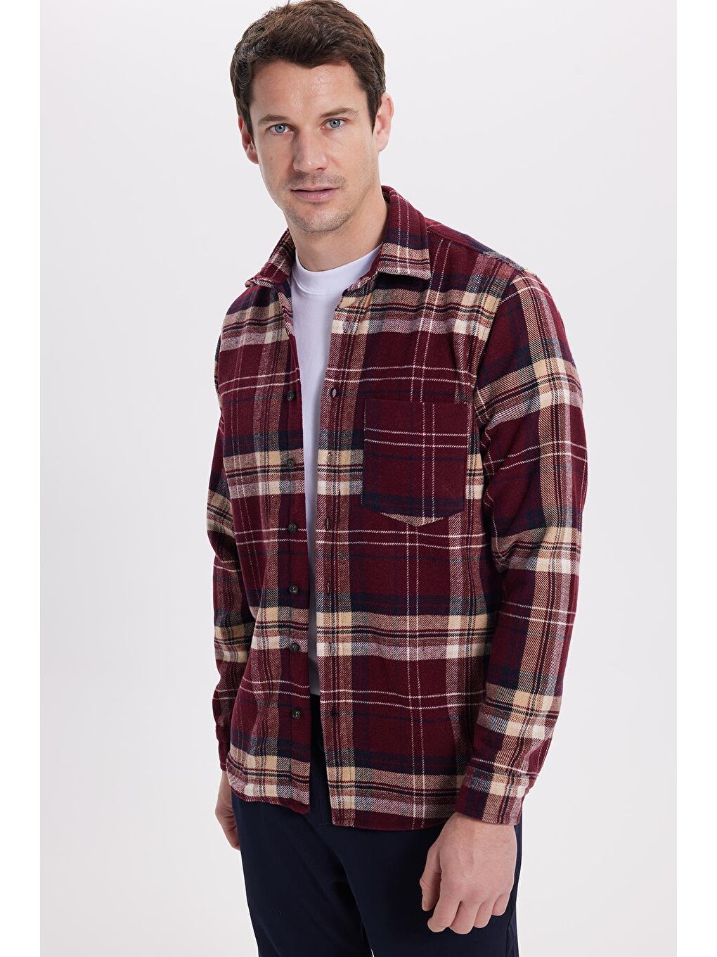 Bordo Erkek Regular Fit Rahat Kesim Kışlık Kareli Oduncu Gömlek-1