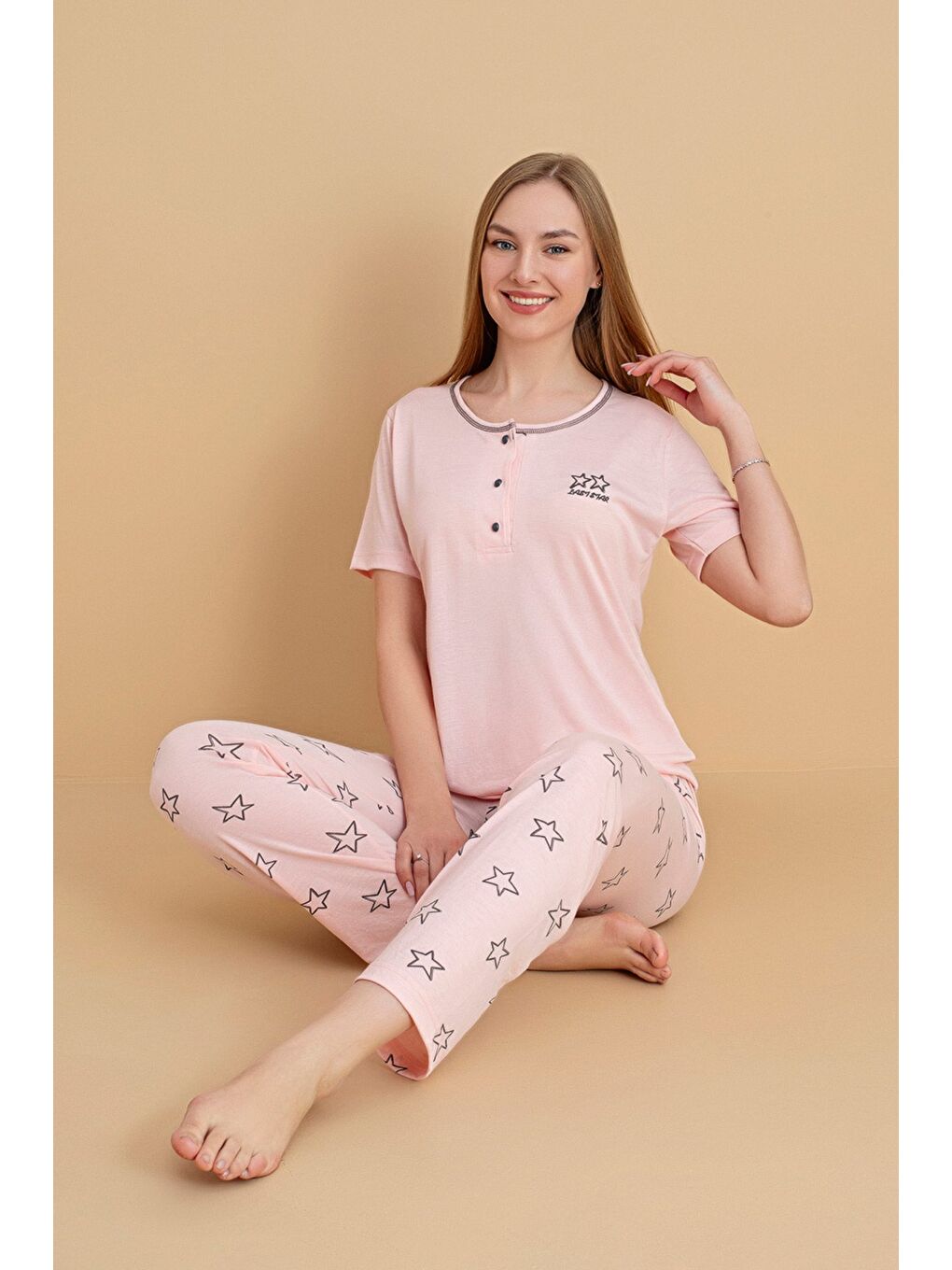 Pembe Uğur Böceği Desenli Kısa Kollu Pijama Takımı-1