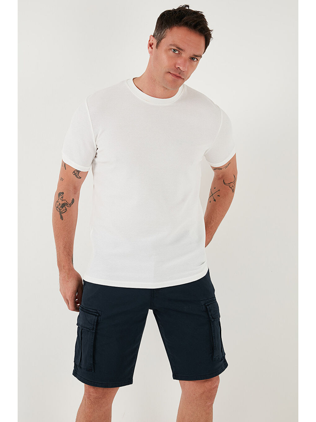 Ekru Pamuklu Bisiklet Yaka Basic Erkek Tişört 5902387-4