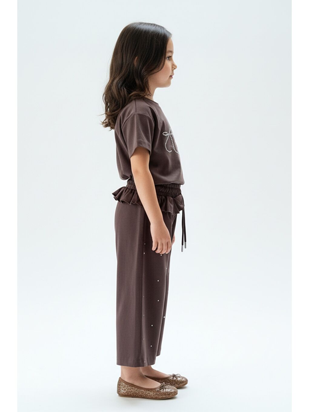 Kahverengi Kız Çocuk 2'li Takım Taş İşlemi Bisiklet Yaka Kısa Kollu Tişört & Taş İşlemeli Beli Lastikli Bol Pa-1