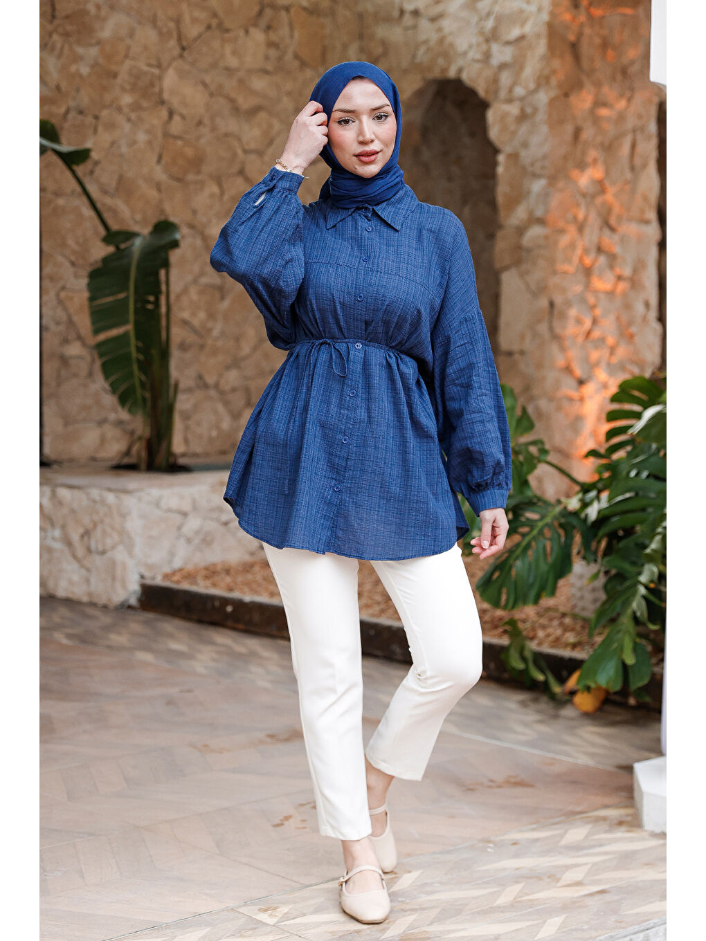 Kadın Ekose Desenli Bel Bağlamalı Gömlek Lacivert-2