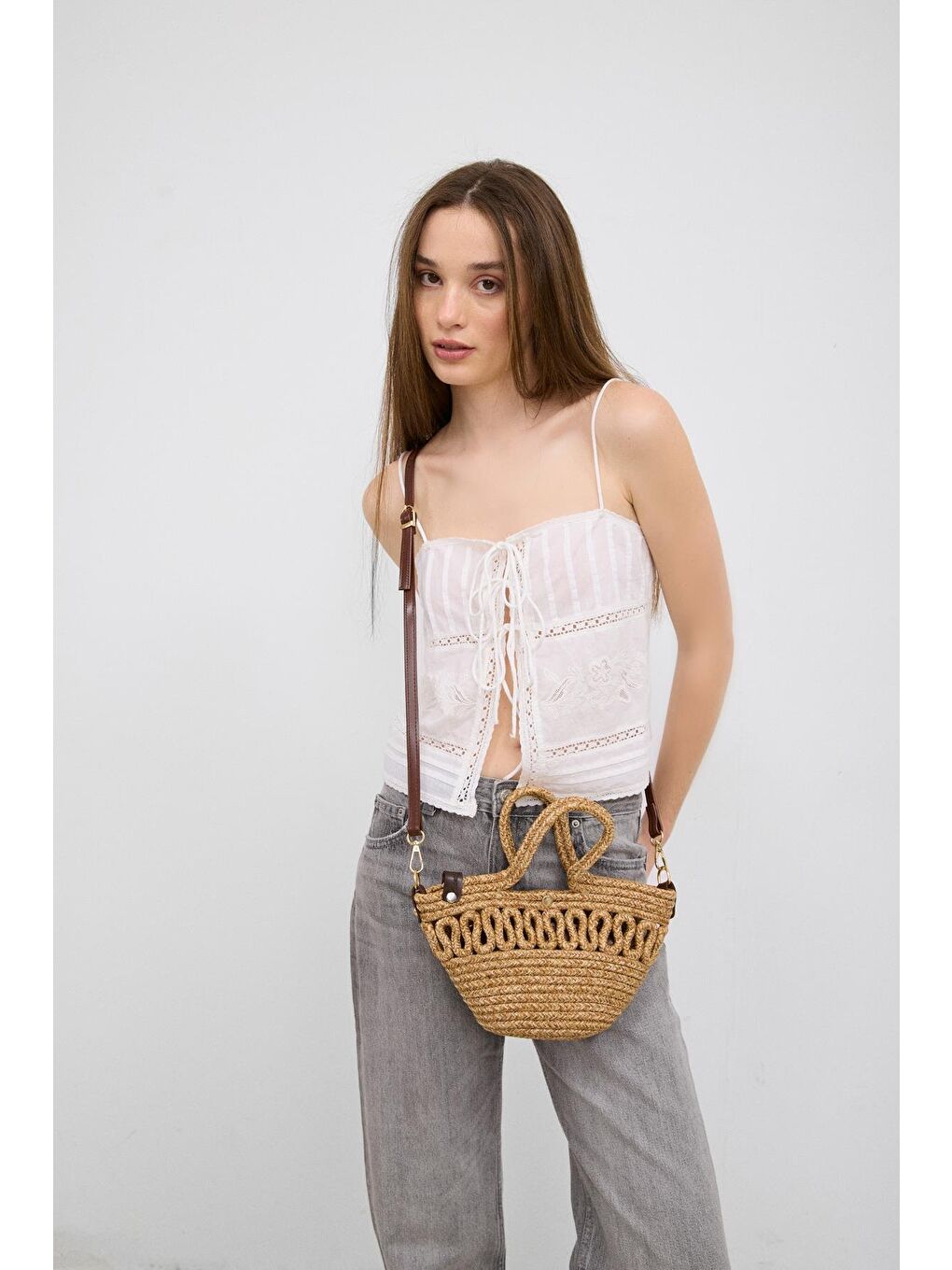 Bej Ortega Handmade Mini Hasır Çapraz Çanta Vizon-1