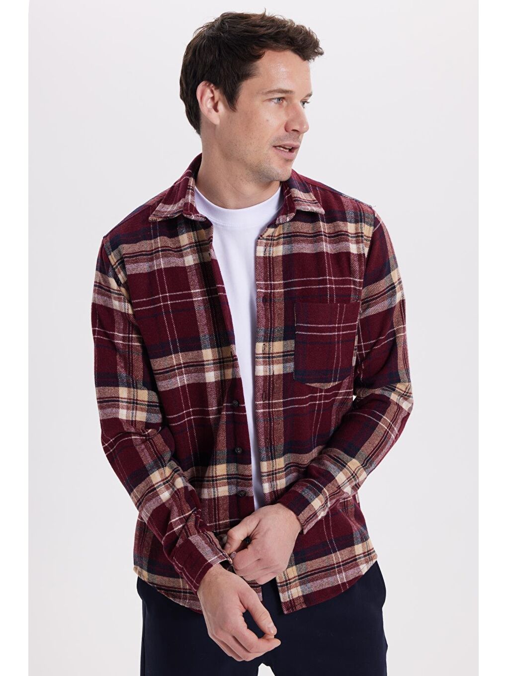 Bordo Erkek Regular Fit Rahat Kesim Kışlık Kareli Oduncu Gömlek-4