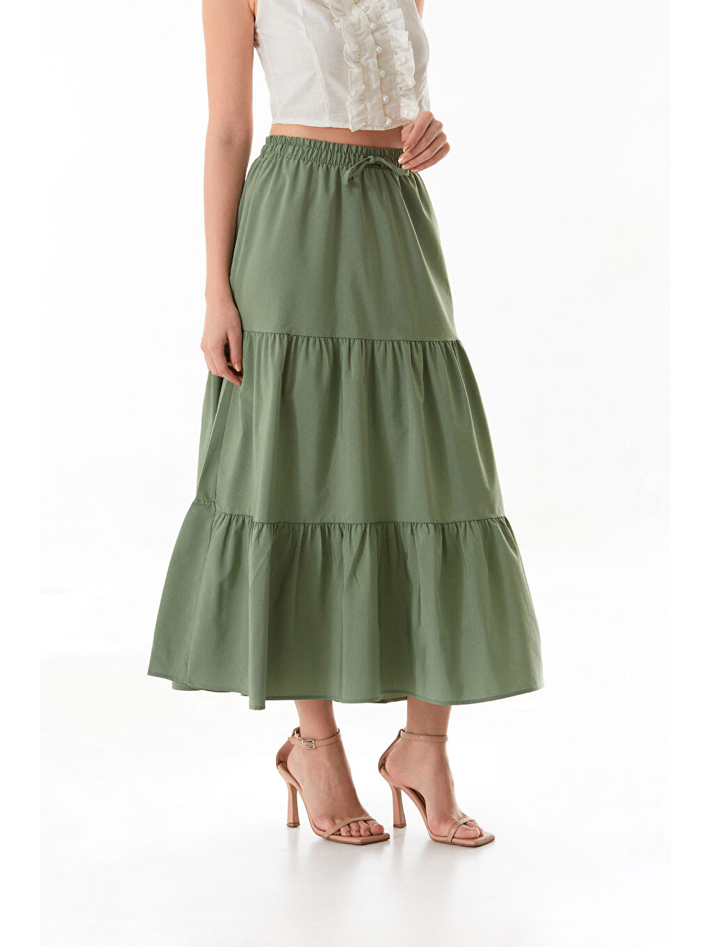 Haki Terikoton Kumaş Fırfırlı Etek-2