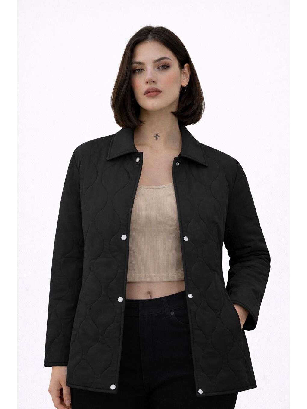 Siyah Kadın Desenli Çıtçıtlı Çift Cepli Oversize Kapitone Ceket-1