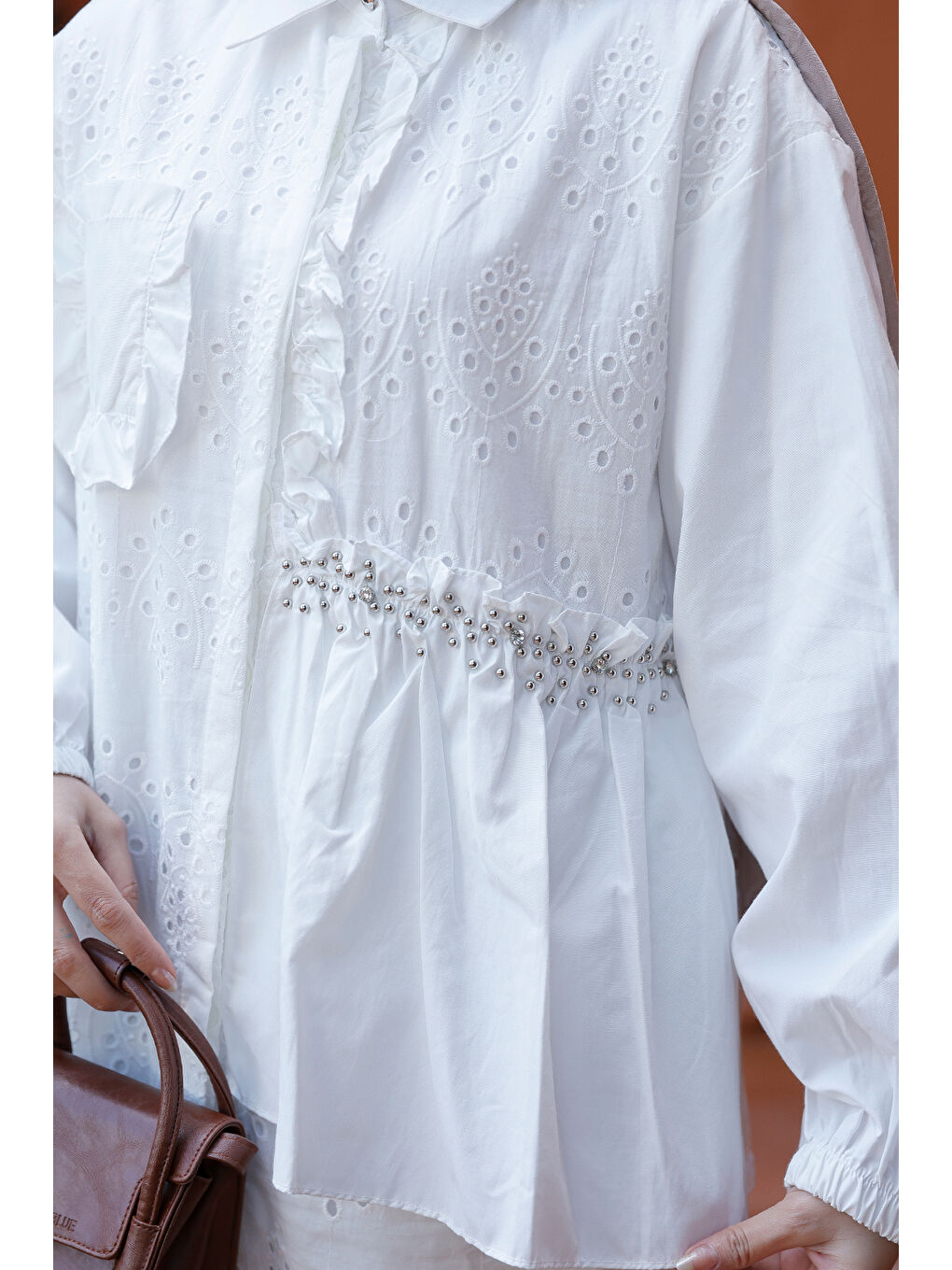Kadın Brode Detay Yarım Taşlı Gömlek Beyaz-1