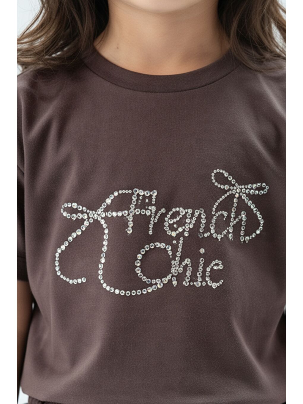 Kahverengi Kız Çocuk 2'li Takım Taş İşlemi Bisiklet Yaka Kısa Kollu Tişört & Taş İşlemeli Beli Lastikli Bol Pa-3