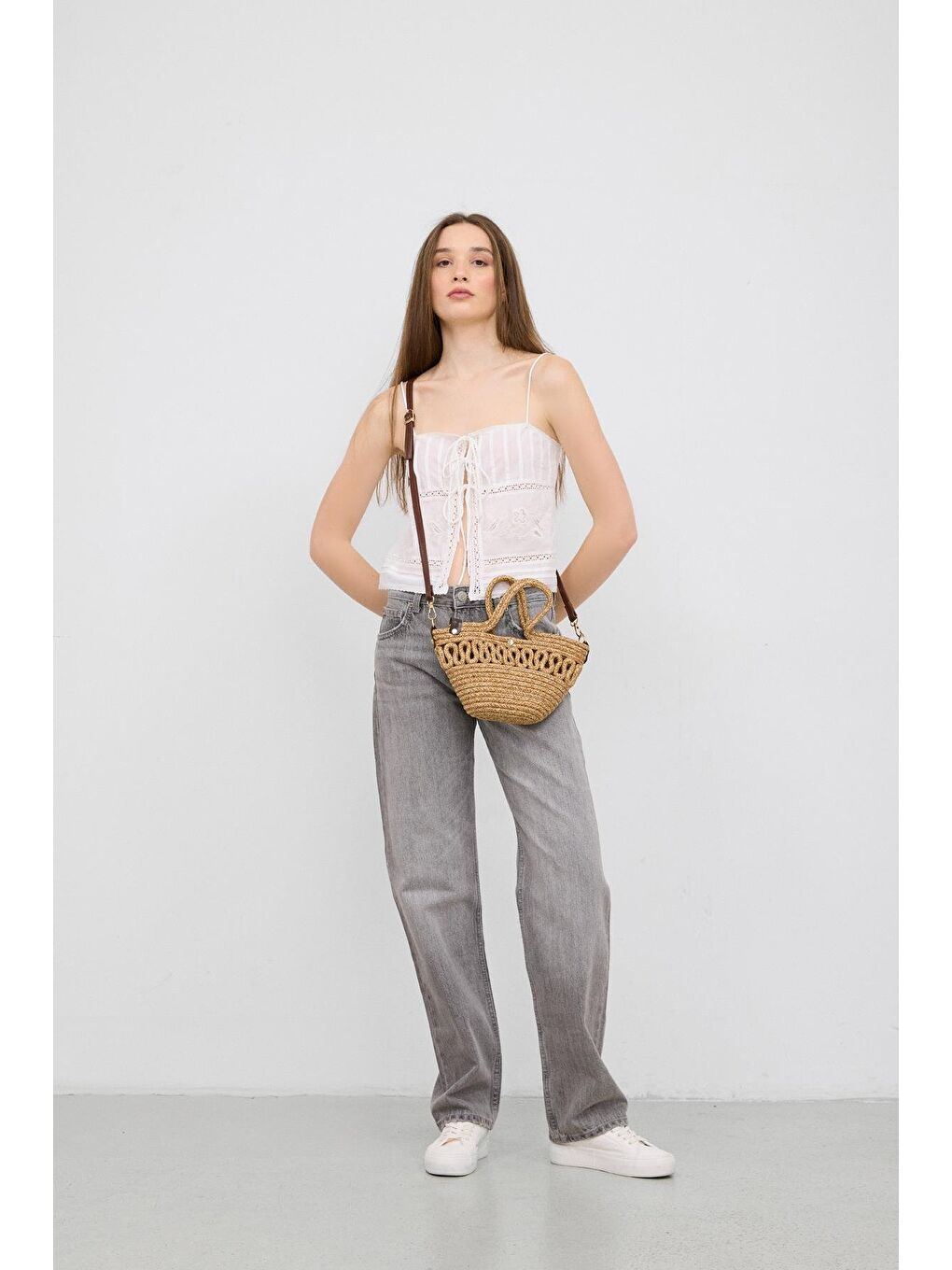 Bej Ortega Handmade Mini Hasır Çapraz Çanta Vizon-2