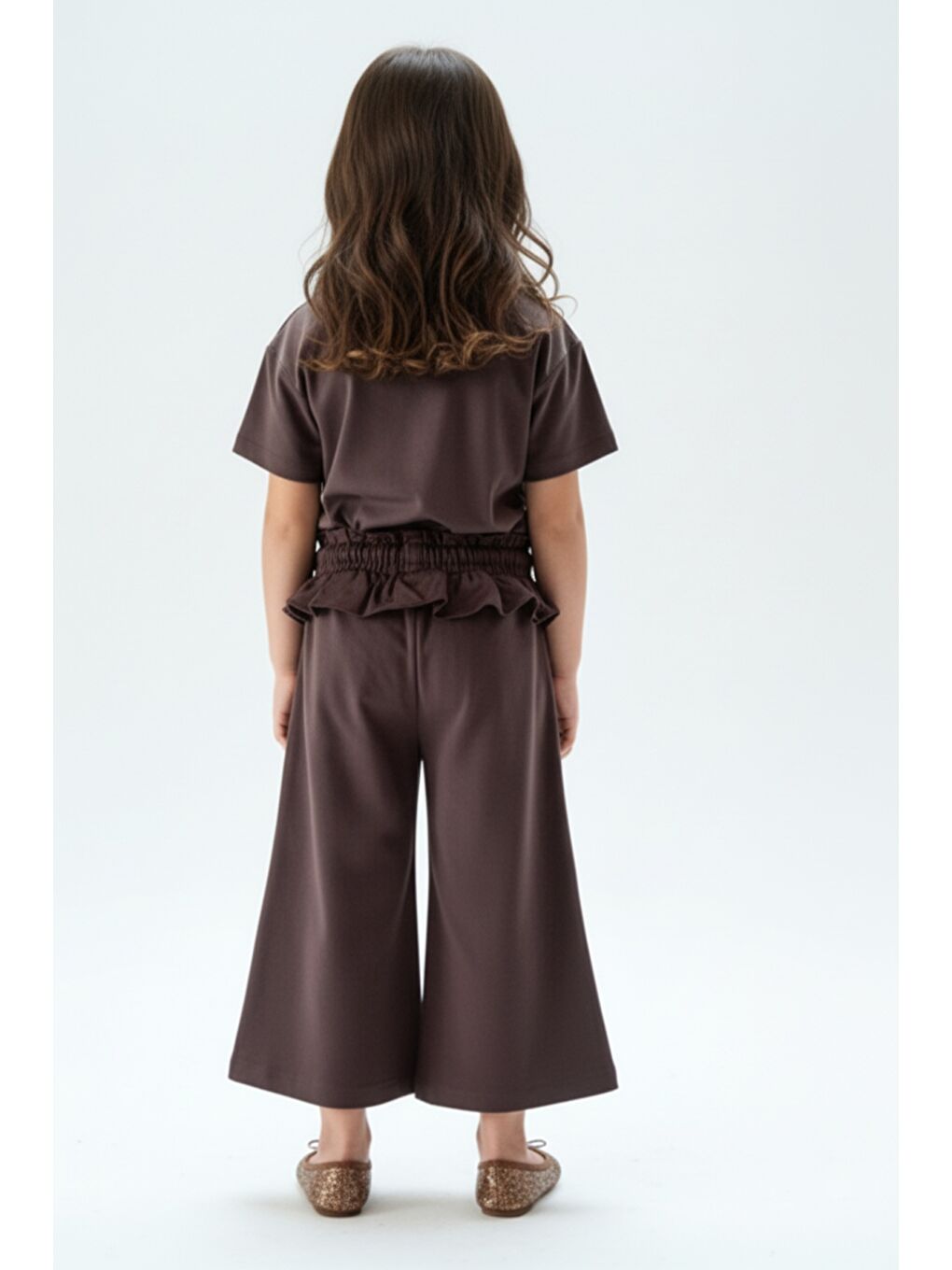 Kahverengi Kız Çocuk 2'li Takım Taş İşlemi Bisiklet Yaka Kısa Kollu Tişört & Taş İşlemeli Beli Lastikli Bol Pa-4