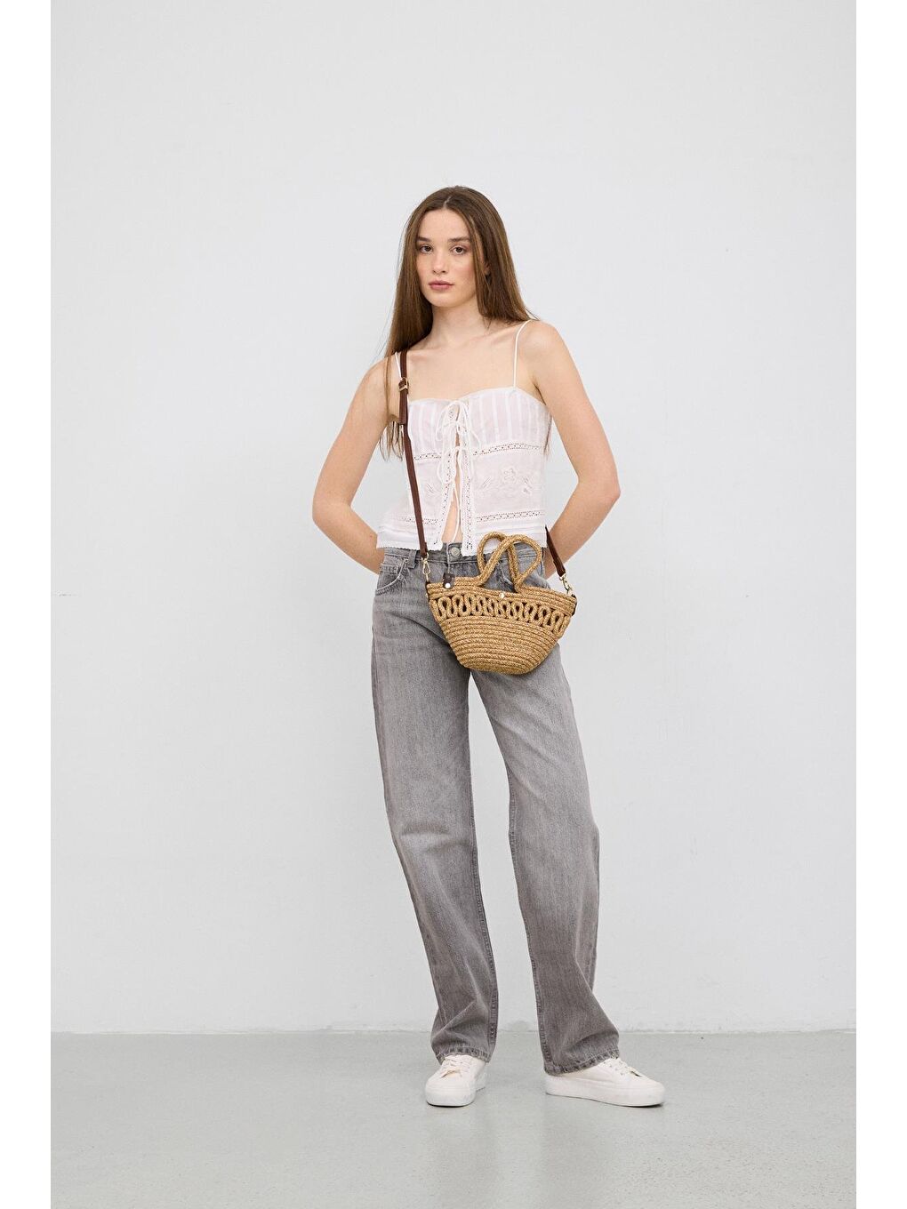 Bej Ortega Handmade Mini Hasır Çapraz Çanta Vizon-3