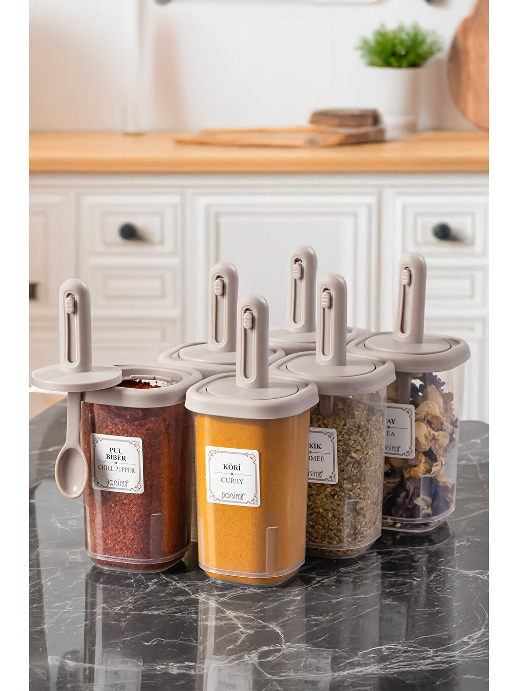 Kahverengi 4362 Kaydırmalı Kaşıklı Baharatlık Seti 6'lı Şeffaf - Cappucino-1