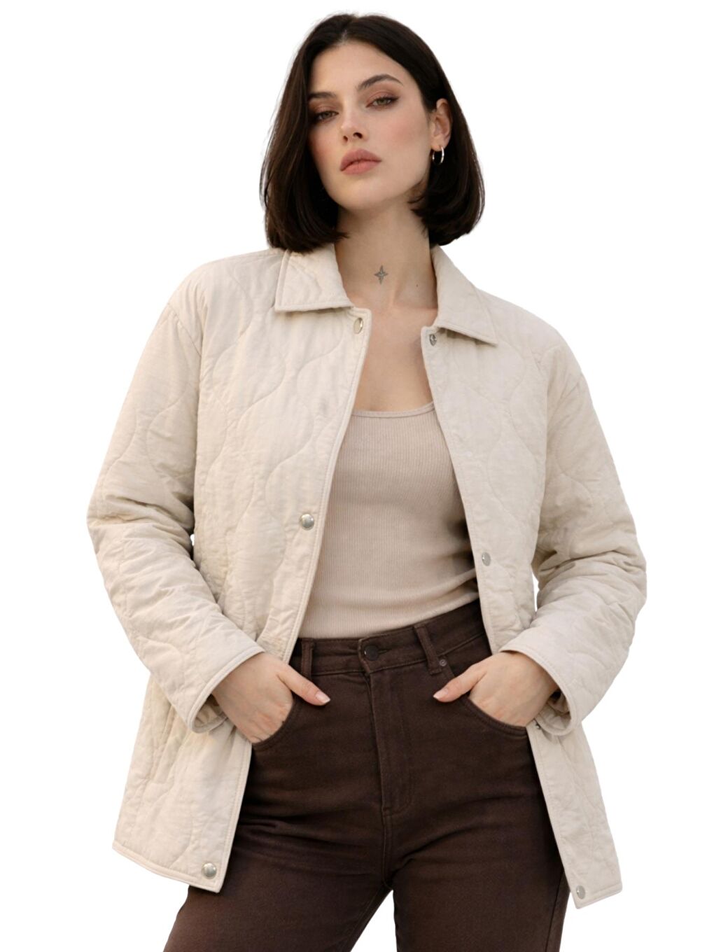 Bej Kadın Desenli Çıtçıtlı Çift Cepli Oversize Kapitone Ceket