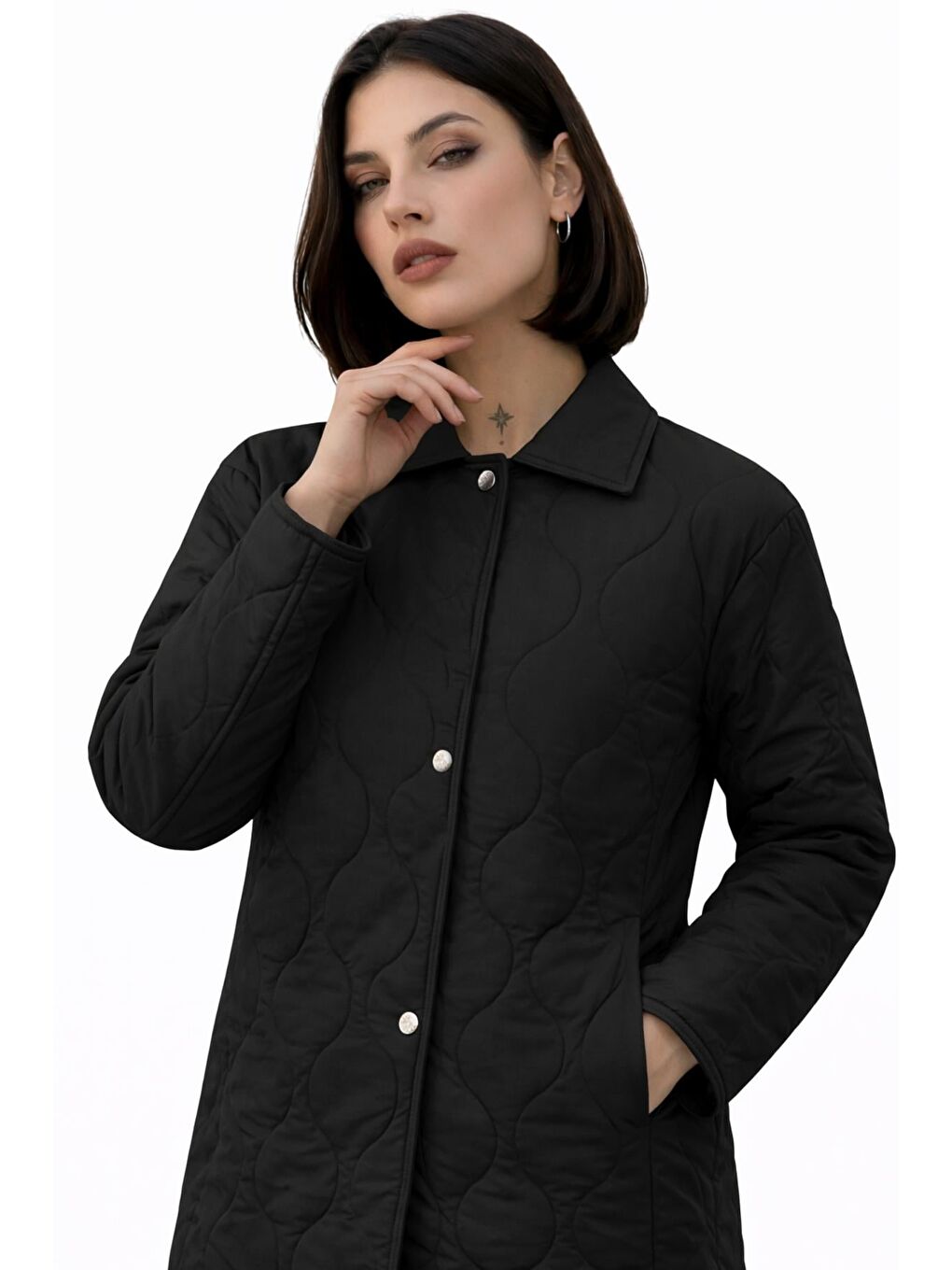 Siyah Kadın Desenli Çıtçıtlı Çift Cepli Oversize Kapitone Ceket-2