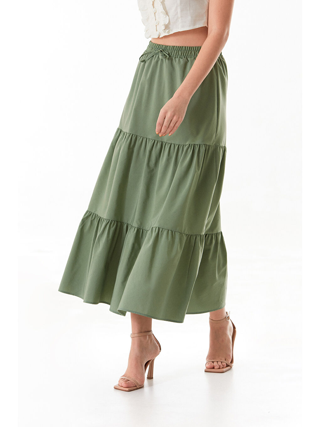 Haki Terikoton Kumaş Fırfırlı Etek-3