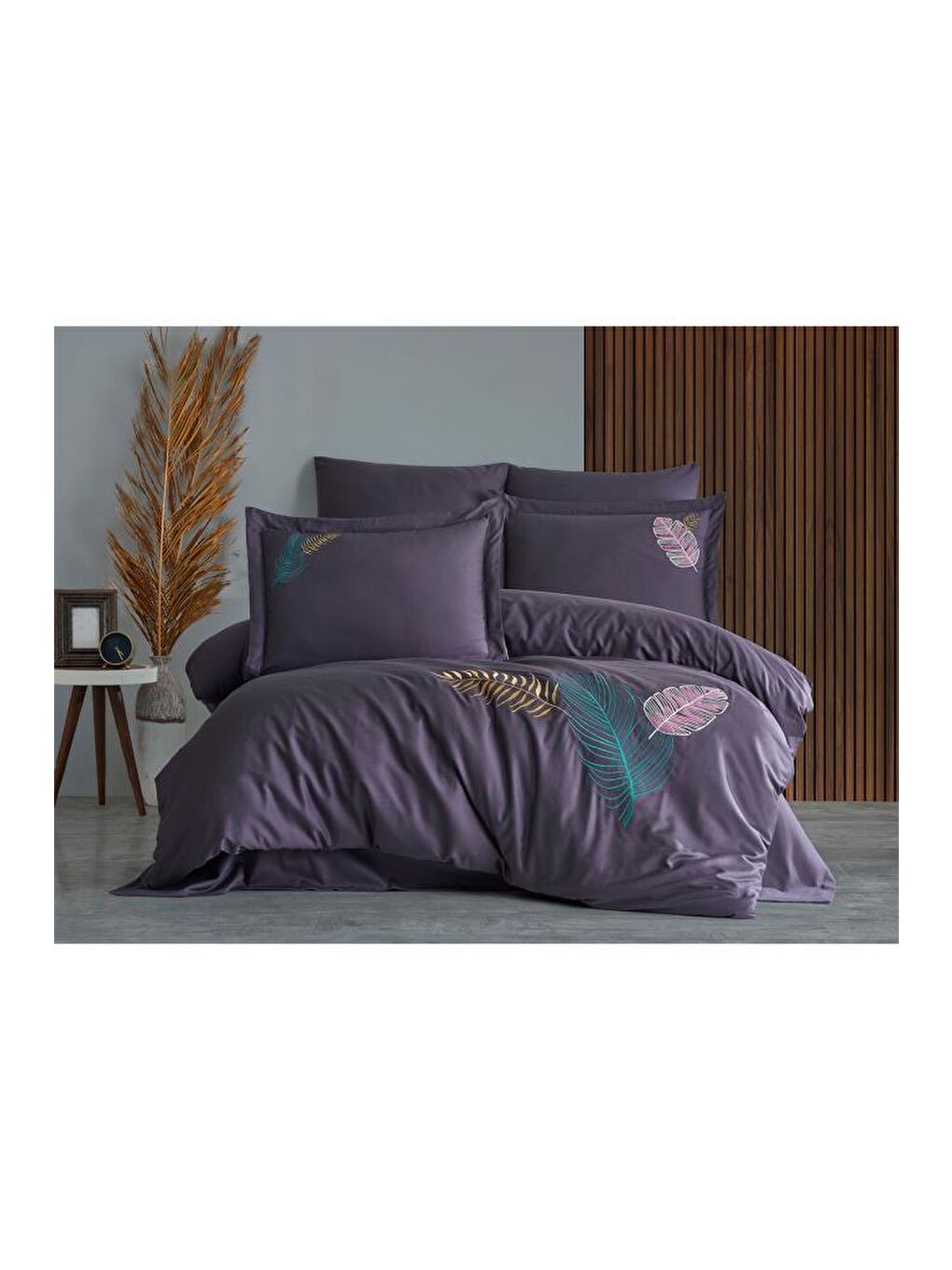 Talia Nakışlı %100 Pamuk Saten Çift Kişilik Nevresim Takımı Mor-1