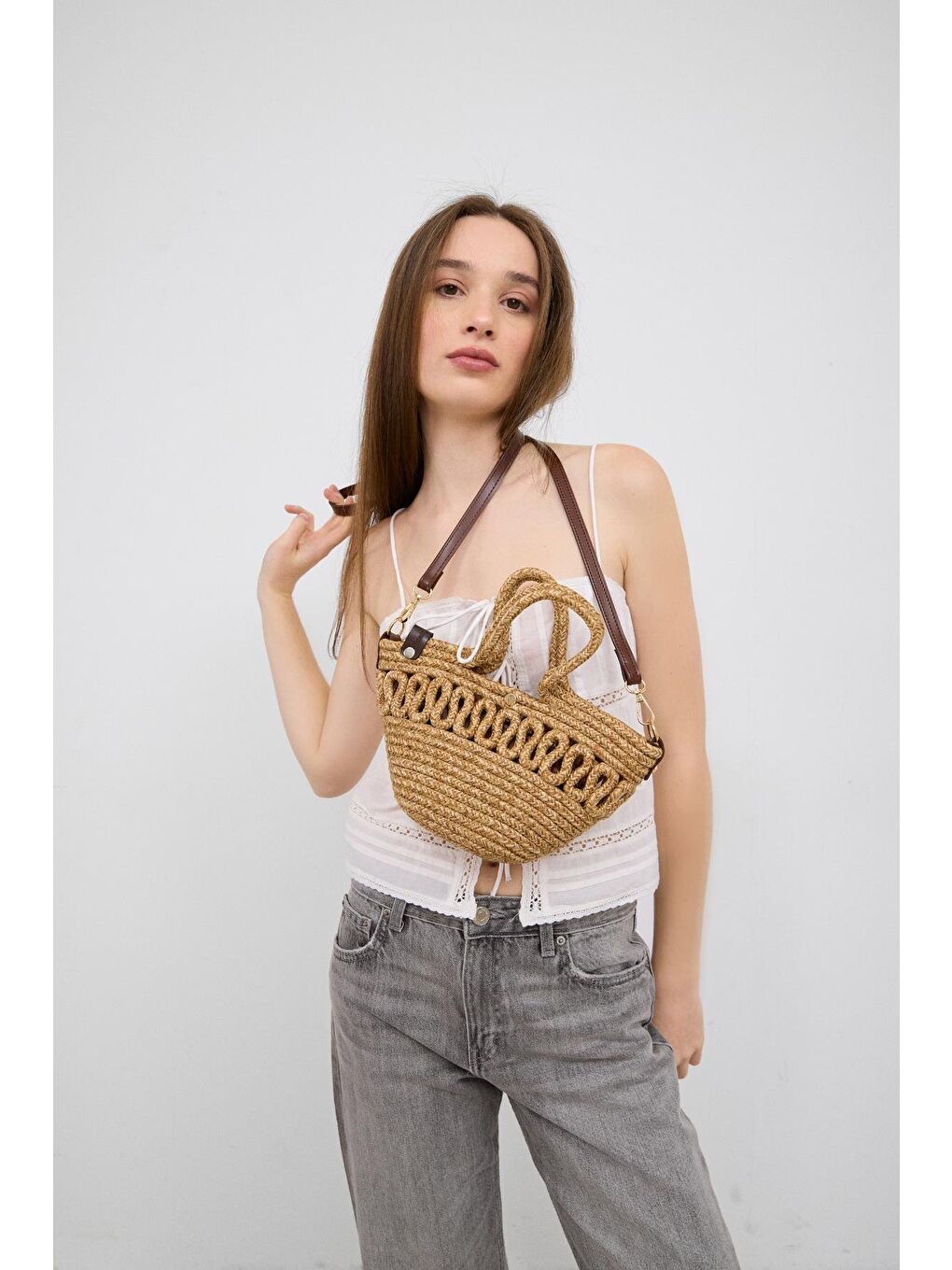 Bej Ortega Handmade Mini Hasır Çapraz Çanta Vizon-4
