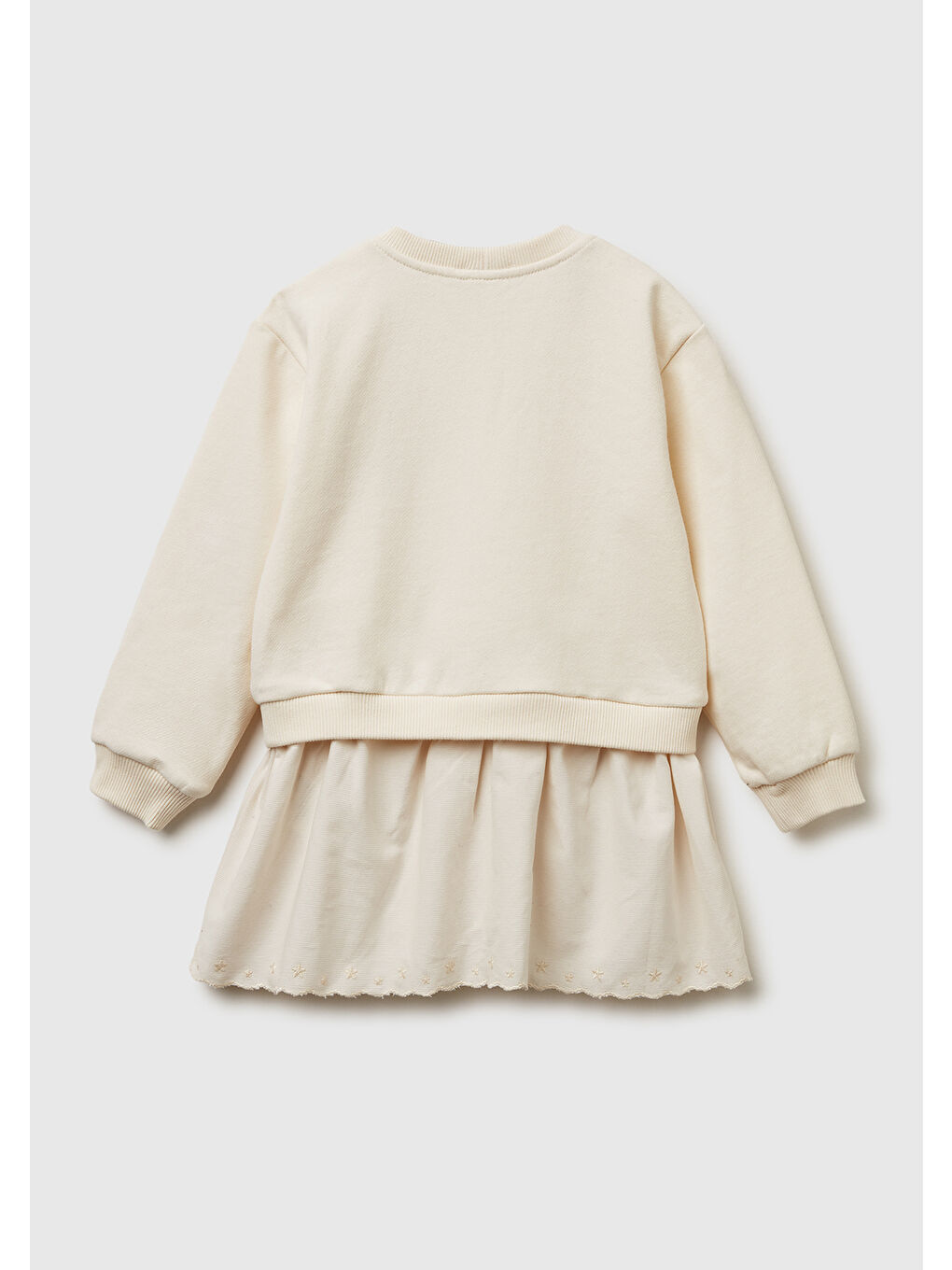 Kız Çocuk Ekru Önü Nakışlı Ribana Detaylı Uzun Kollu Elbise-1