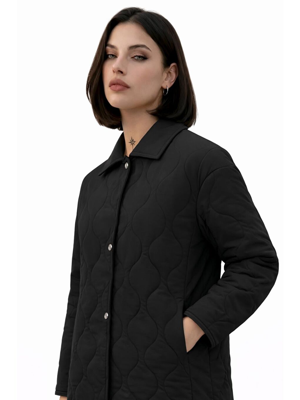 Siyah Kadın Desenli Çıtçıtlı Çift Cepli Oversize Kapitone Ceket-3