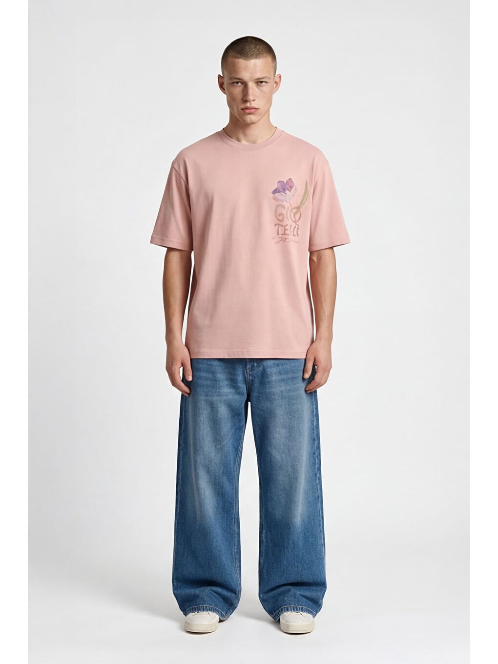 Pembe Giotelli Erkek Pudra Geniş Kesim Oversize Fit Kısa Kollu Bisiklet Yaka Tişört-1