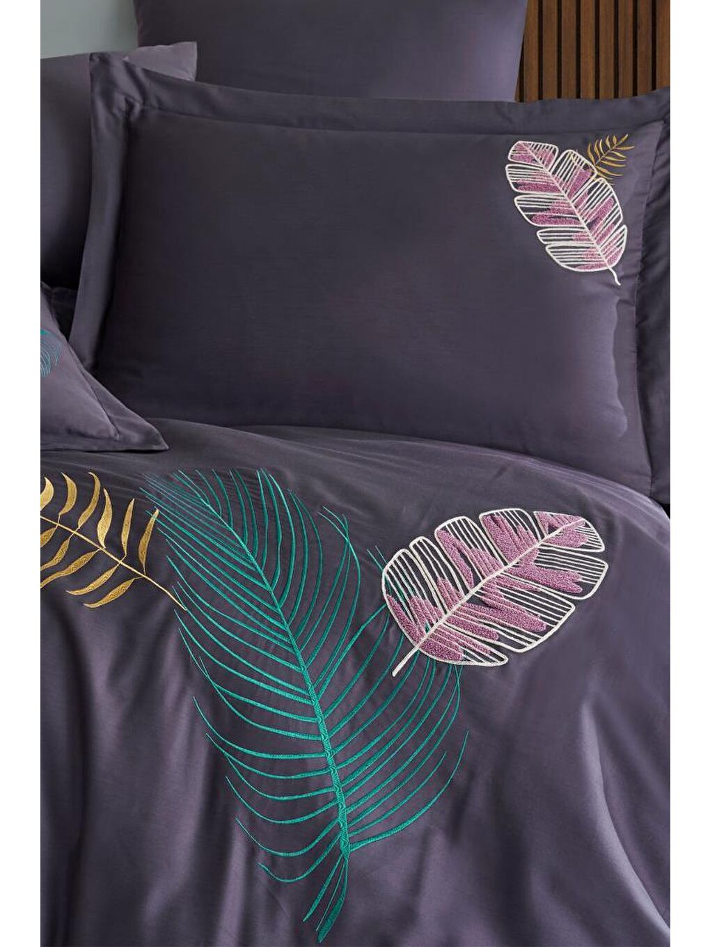 Talia Nakışlı %100 Pamuk Saten Çift Kişilik Nevresim Takımı Mor-2