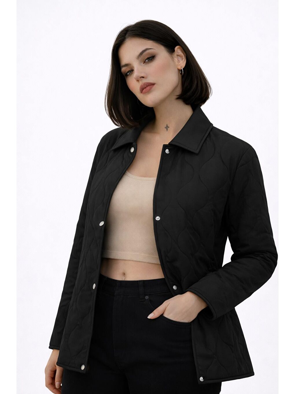 Siyah Kadın Desenli Çıtçıtlı Çift Cepli Oversize Kapitone Ceket-4