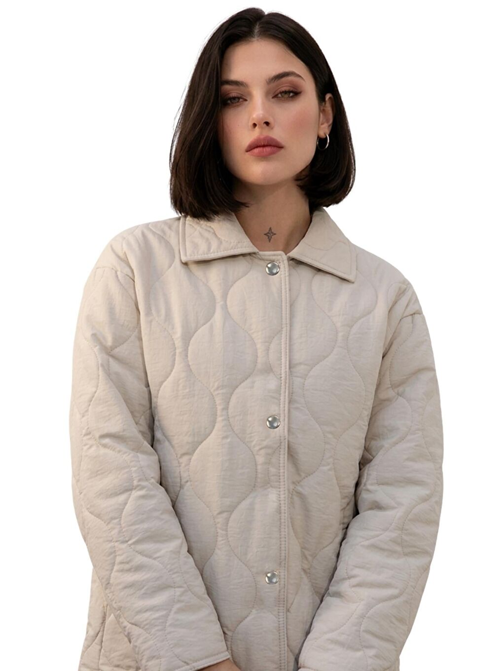 Bej Kadın Desenli Çıtçıtlı Çift Cepli Oversize Kapitone Ceket-1