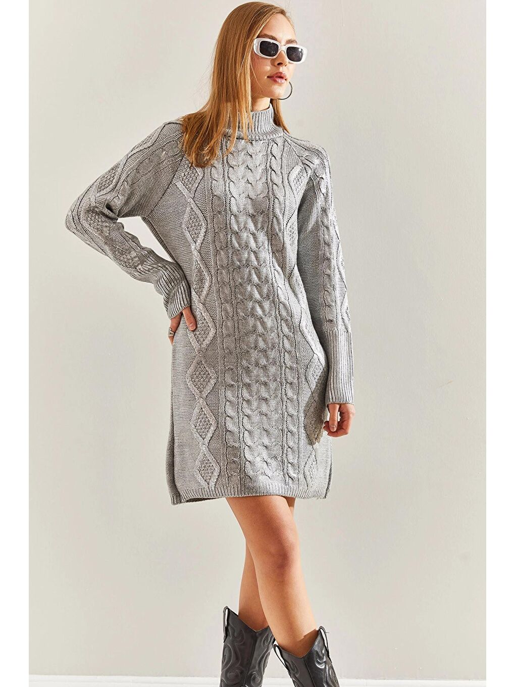 Gri Kadın Balıkçı Yaka Desenli Triko Elbise