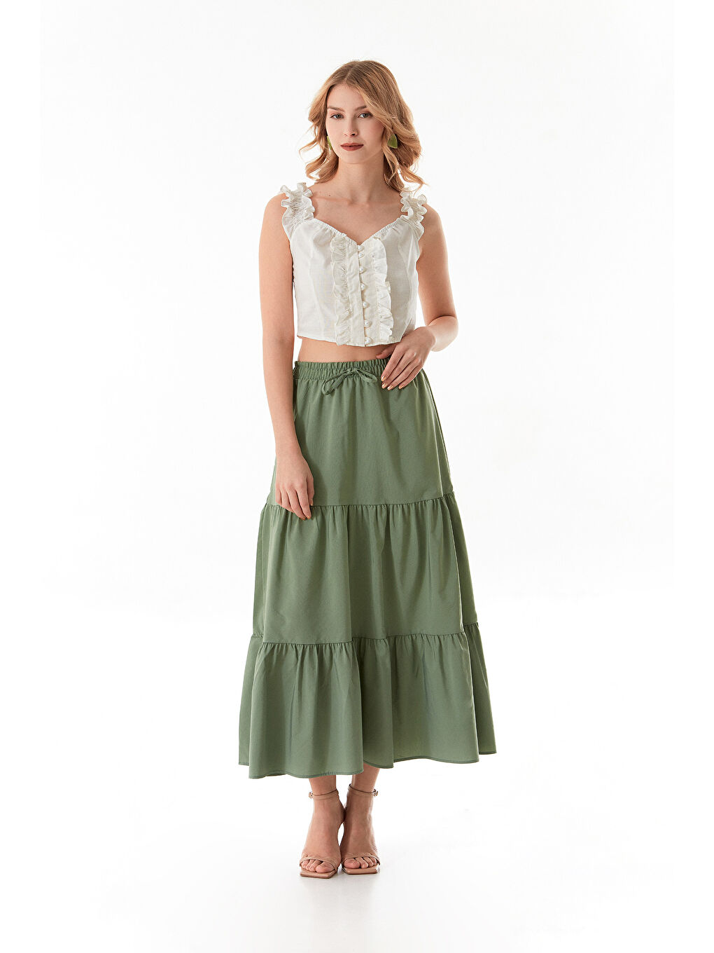 Haki Terikoton Kumaş Fırfırlı Etek-4