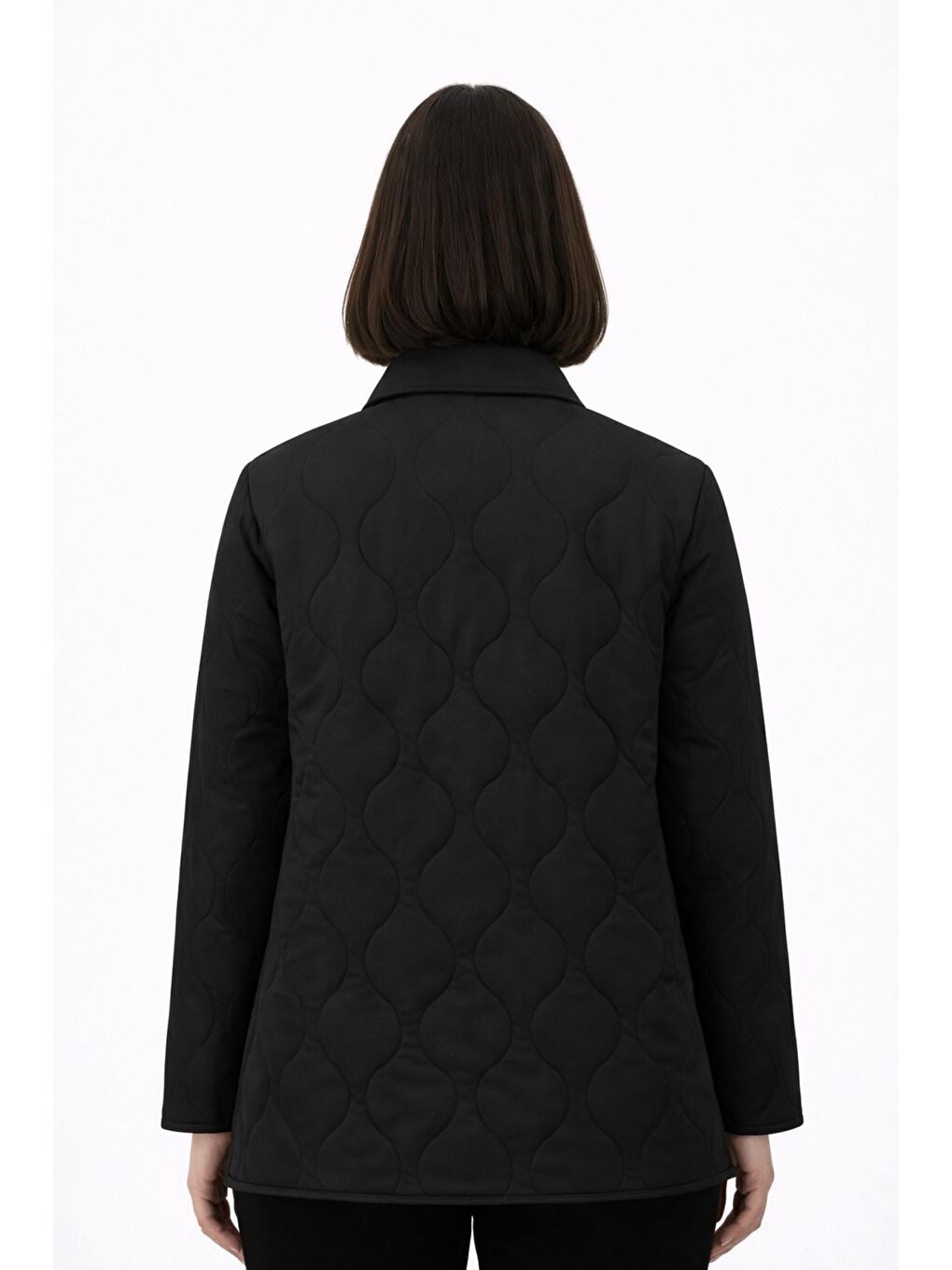 Siyah Kadın Desenli Çıtçıtlı Çift Cepli Oversize Kapitone Ceket-5