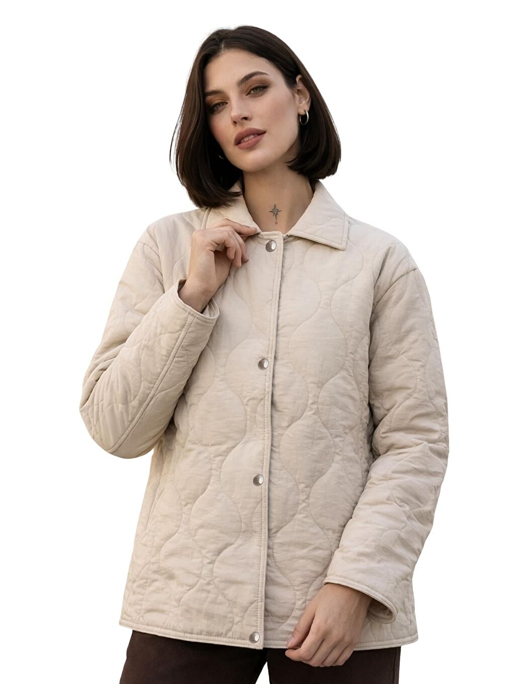 Bej Kadın Desenli Çıtçıtlı Çift Cepli Oversize Kapitone Ceket-2