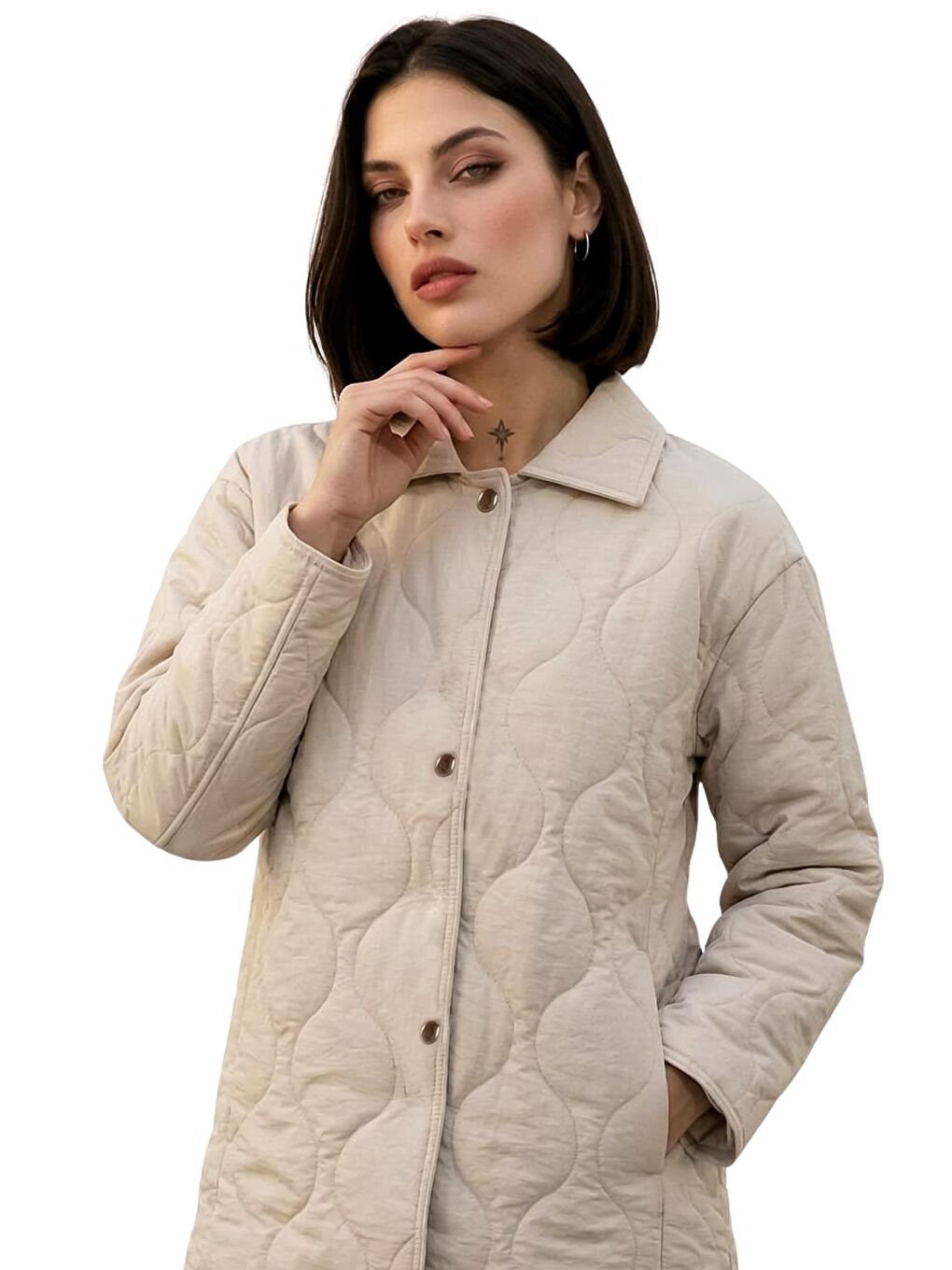 Bej Kadın Desenli Çıtçıtlı Çift Cepli Oversize Kapitone Ceket-3