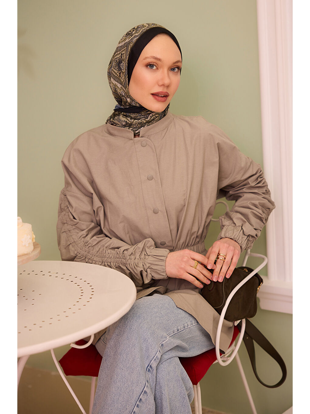 Kadın Kol Ve Bel Büzgülü Çıt Çıt Detaylı Gömlek Küf Yeşil-1