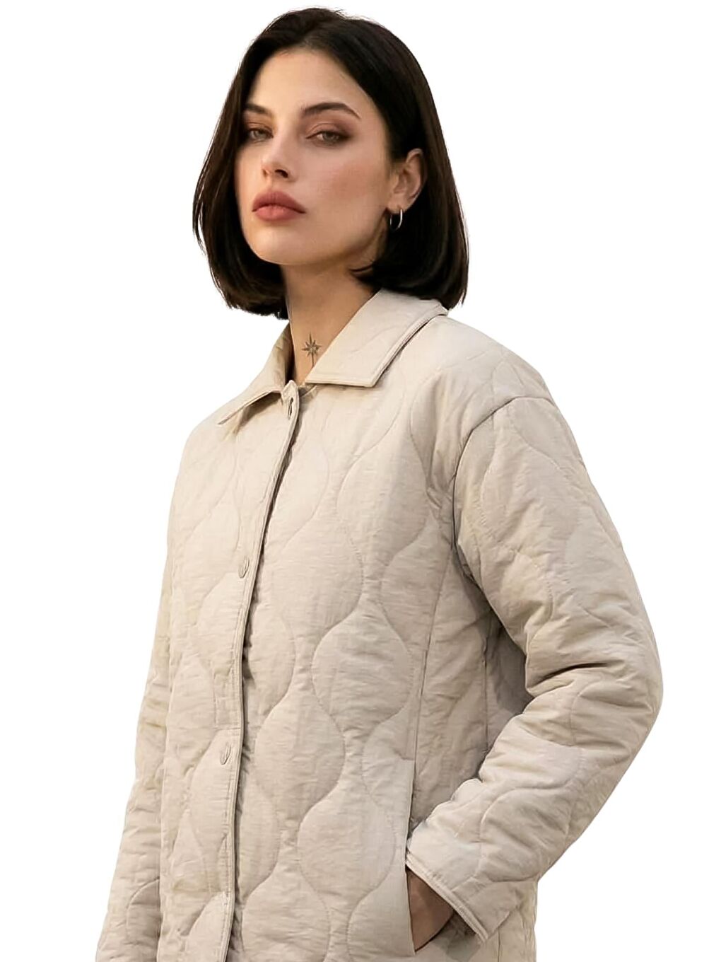 Bej Kadın Desenli Çıtçıtlı Çift Cepli Oversize Kapitone Ceket-4