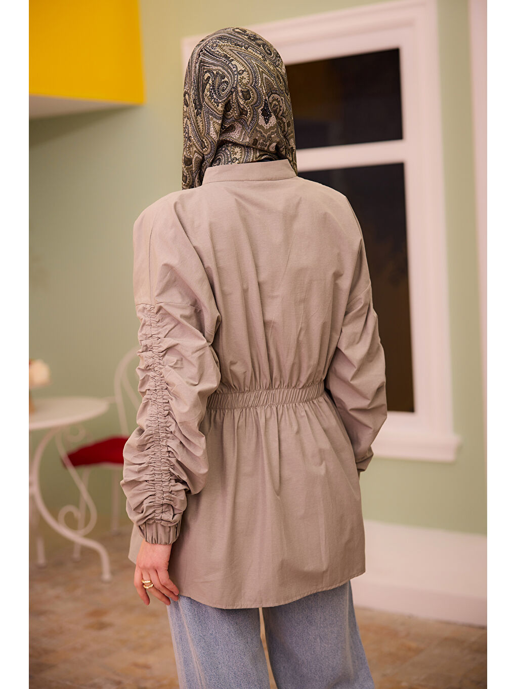 Kadın Kol Ve Bel Büzgülü Çıt Çıt Detaylı Gömlek Küf Yeşil-2