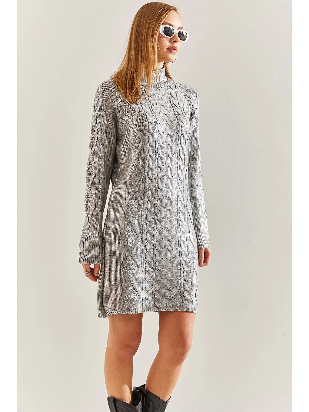 Gri Kadın Balıkçı Yaka Desenli Triko Elbise-1