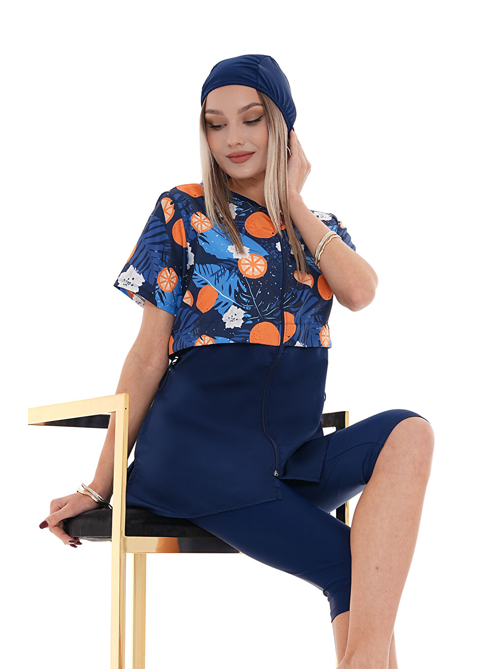 Lacivert Yarı Kapalı Tesettür Mayo 2508 Suna Portakal-4