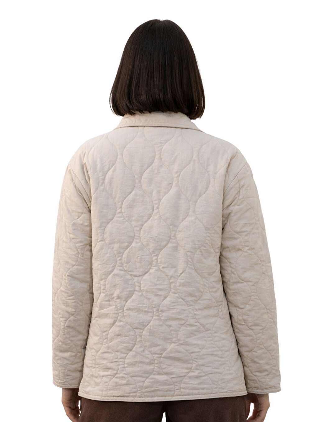 Bej Kadın Desenli Çıtçıtlı Çift Cepli Oversize Kapitone Ceket-6