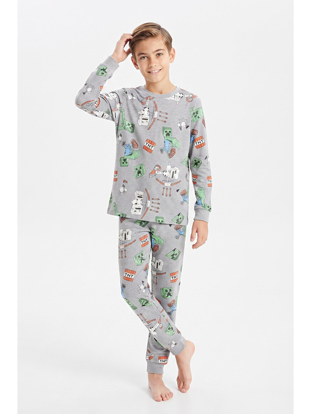 Gri Erkek Çocuk %100 Pamuk Pijama Takımı 3-13 Yaş 12734ıs-1