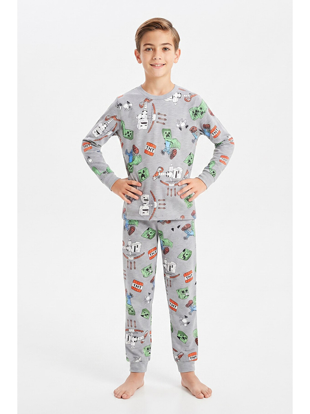 Gri Erkek Çocuk %100 Pamuk Pijama Takımı 3-13 Yaş 12734ıs-3