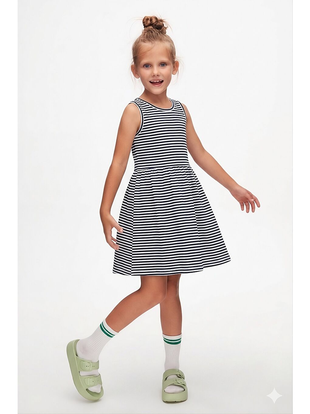 Karışık Ringel Desenli Kız Çocuk Kolsuz Elbise