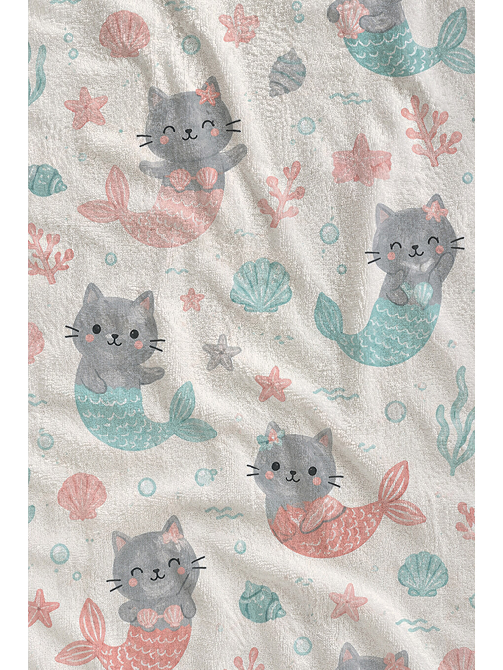 Sevimli Gri Kedi Çiçekli Pastel Desenli 70x150 Plaj Havlusu - Dijital Baskılı Banyo Havlusu-2