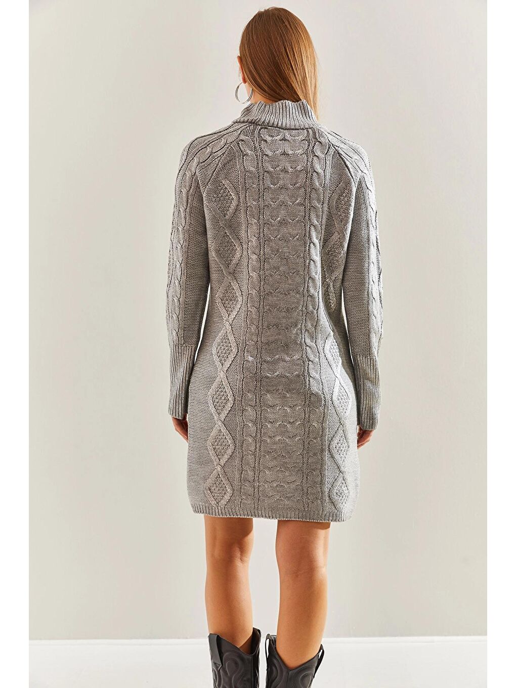 Gri Kadın Balıkçı Yaka Desenli Triko Elbise-2