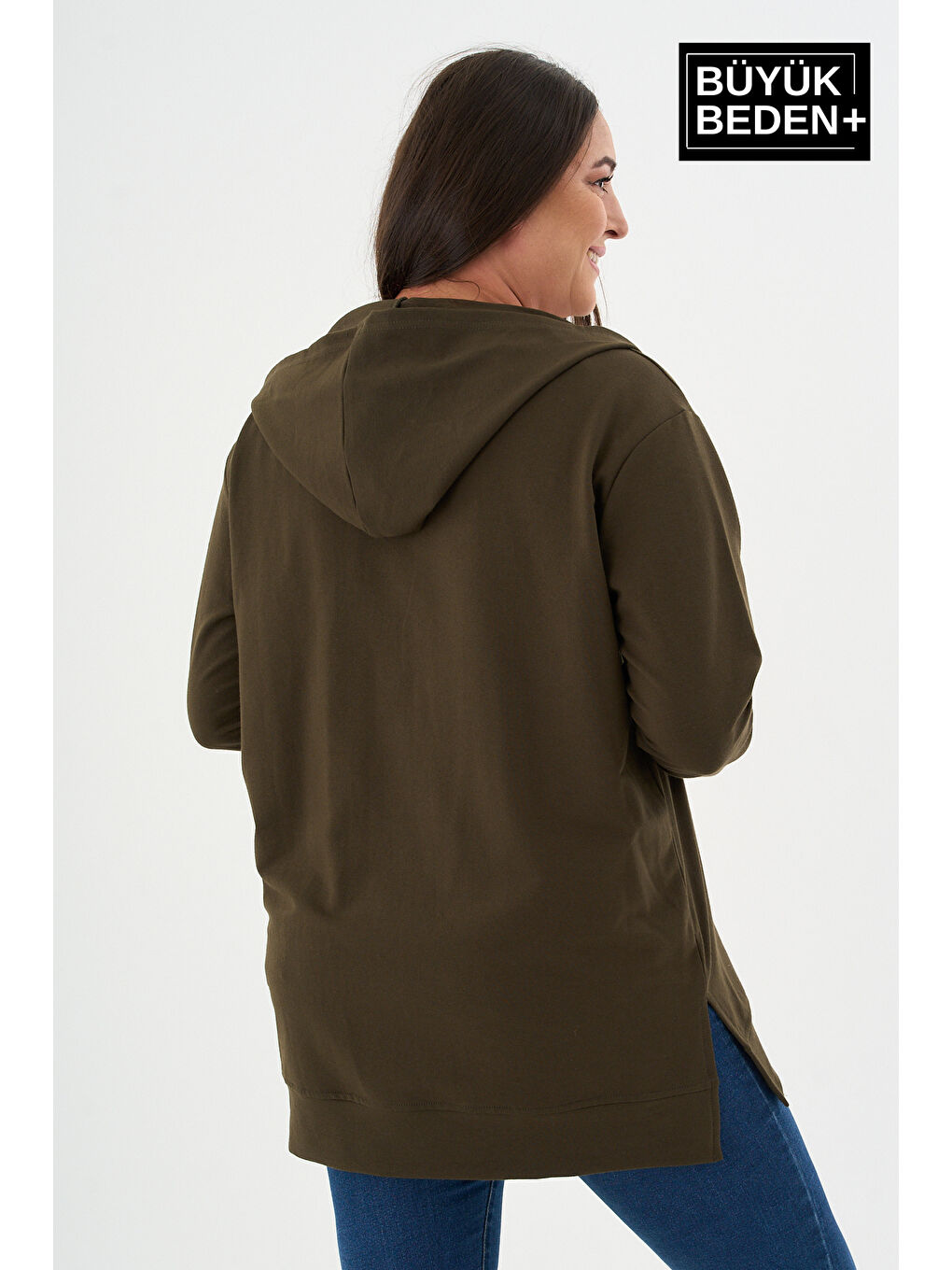 Haki Kadın Tunik Büyük Beden M Baskılı Fermuarlı Kapüşonlu Sweat Hırka SPR26BTK955-4-2