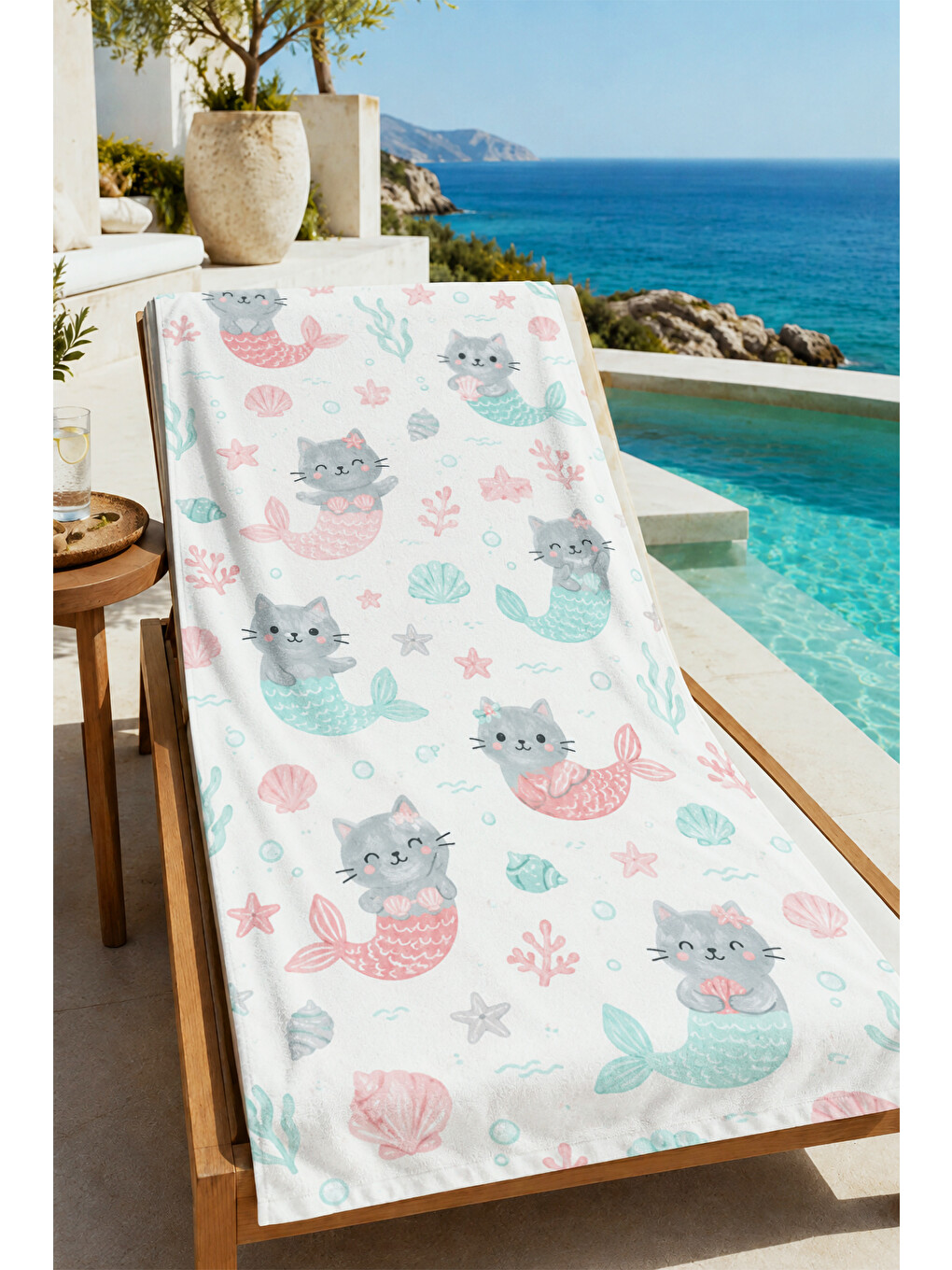 Sevimli Gri Kedi Çiçekli Pastel Desenli 70x150 Plaj Havlusu - Dijital Baskılı Banyo Havlusu-4